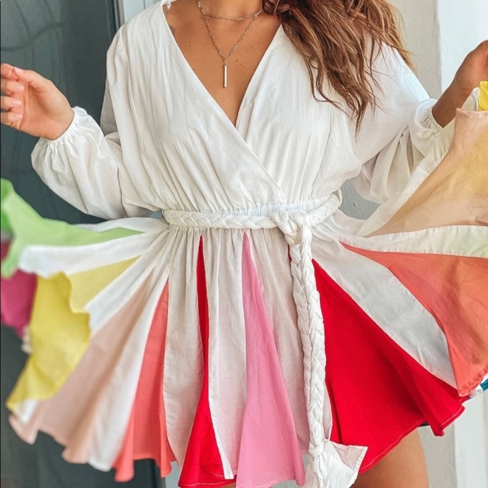 NWT L’atiste by Amy Rainbow Faux Wrap Tie Waist Flare Dress - M